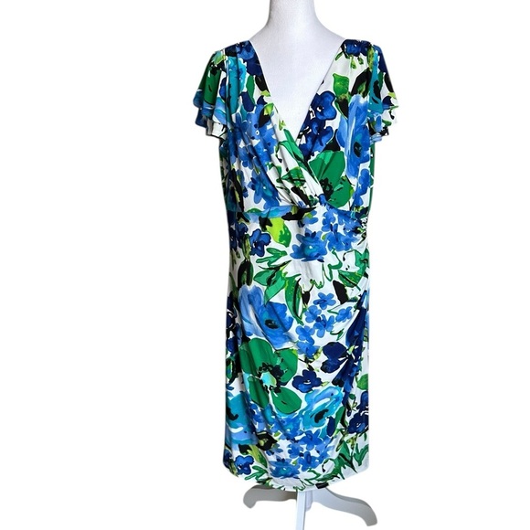 Lauren Ralph Lauren Cannes Blue Floral Flutter Sleeve Matte Jersey Dress Sz 14W - Picture 3 of 17
